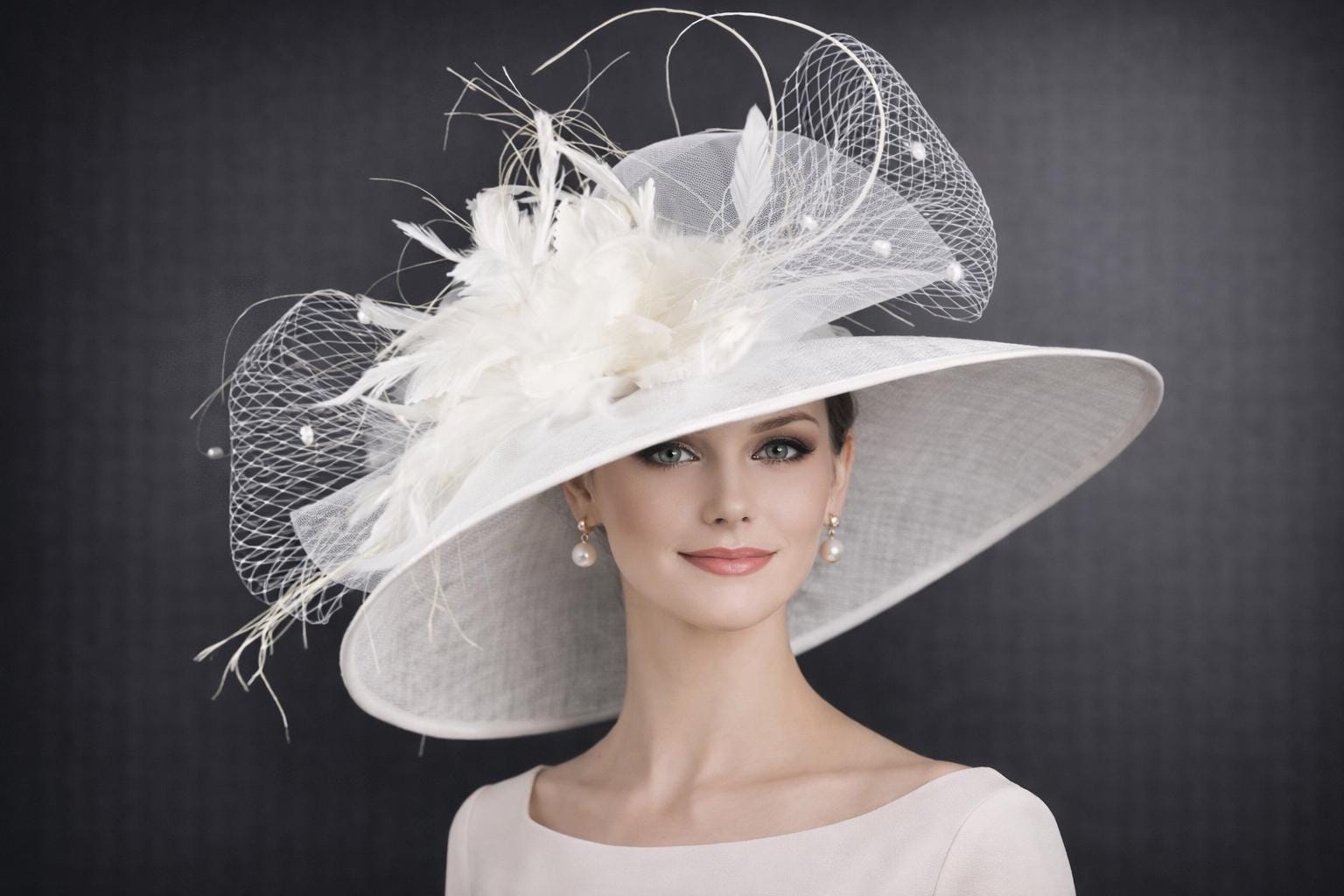 White Feather Flower Ostrich Quill Wide Brim Kentucky Derby Hat,Ascot ...