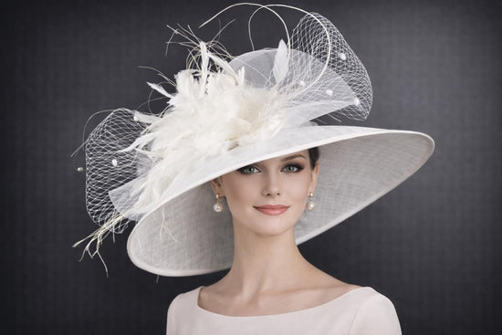 White Feather Flower Ostrich Quill Wide Brim Kentucky Derby Hat,Ascot Hat for Wedding Tea Party, Garden Party Hat,Mother of the Bride,Church