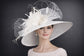 White Feather Flower Ostrich Quill Wide Brim Kentucky Derby Hat,Ascot Hat for Wedding Tea Party, Garden Party Hat,Mother of the Bride,Church