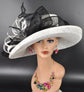 Wide Brim Sinamay  Hat for Kentucky Derby, Ascot Racing Hat, Elegant Wedding Guest Hat, Mother of the Bride Hat  White w Black