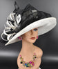 Wide Brim Sinamay  Hat for Kentucky Derby, Ascot Racing Hat, Elegant Wedding Guest Hat, Mother of the Bride Hat  White w Black