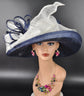 Wide Brim Sinamay  Hat for Kentucky Derby, Ascot Racing Hat, Elegant Wedding Guest Hat, Mother of the Bride Hat Navy Blue w White