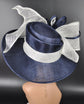 Wide Brim Sinamay  Hat for Kentucky Derby, Ascot Racing Hat, Elegant Wedding Guest Hat, Mother of the Bride Hat Navy Blue w White