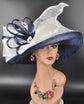Wide Brim Sinamay  Hat for Kentucky Derby, Ascot Racing Hat, Elegant Wedding Guest Hat, Mother of the Bride Hat Navy Blue w White
