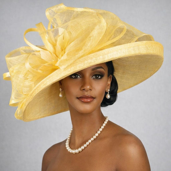 Wide Brim Sinamay  Hat for Kentucky Derby, Ascot Racing Hat, Elegant Wedding Guest Hat, Mother of the Bride Hat  Yellow