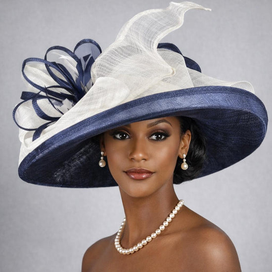 Wide Brim Sinamay  Hat for Kentucky Derby, Ascot Racing Hat, Elegant Wedding Guest Hat, Mother of the Bride Hat Navy Blue w White