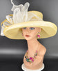 Wide Brim Sinamay  Hat for Kentucky Derby, Ascot Racing Hat, Elegant Wedding Guest Hat, Mother of the Bride Hat Yellow w White