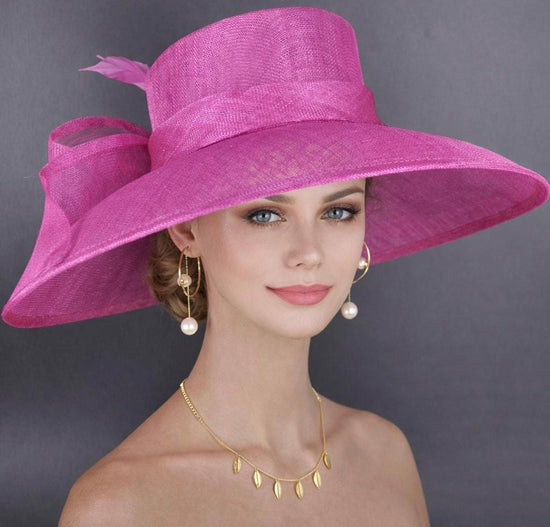 Fuchsia Pink Wide Brim Hat for Women, Kentucky Derby Hat, Church & Ascot Hat, Adjustable Size Elegant Statement Hat
