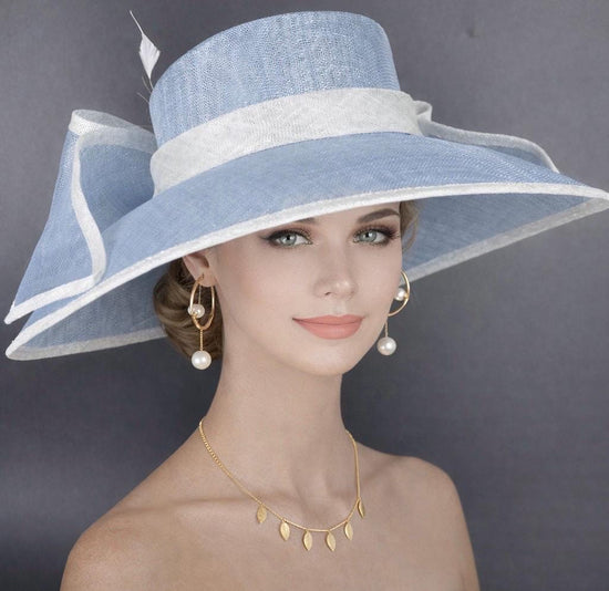 Light Blue w White Wide Brim Hat for Women, Kentucky Derby Hat, Church & Ascot Hat, Adjustable Size Elegant Statement Hat