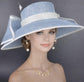 Light Blue w White Wide Brim Hat for Women, Kentucky Derby Hat, Church & Ascot Hat, Adjustable Size Elegant Statement Hat