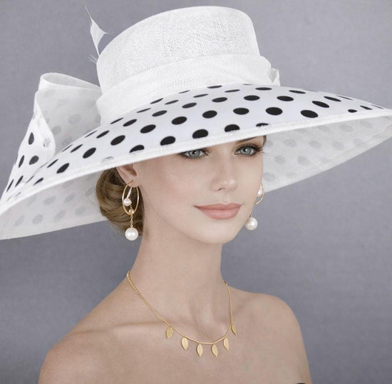 White w Black Polka Dots Wide Brim Hat for Women, Kentucky Derby Hat, Church & Ascot Hat, Adjustable Size Elegant Statement Hat