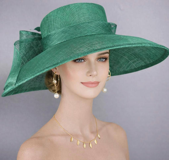 Emerald Green Wide Brim Hat for Women, Kentucky Derby Hat, Church & Ascot Hat, Adjustable Size Elegant Statement Hat