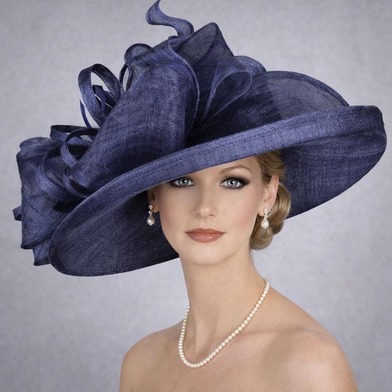 Wide Brim Sinamay  Hat for Kentucky Derby, Ascot Racing Hat, Elegant Wedding Guest Hat, Mother of the Bride Hat Navy  Blue