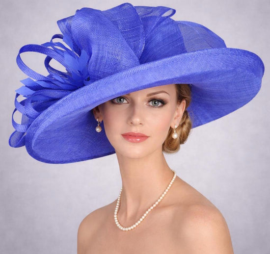 Wide Brim Sinamay  Hat for Kentucky Derby, Ascot Racing Hat, Elegant Wedding Guest Hat, Mother of the Bride Hat Royal Blue