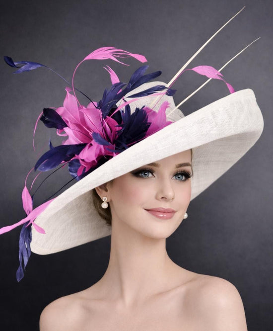 Wide Brim Sinamay Derby Hat: White, Navy, & Hot Pink Feather Flower