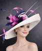 Wide Brim Sinamay Derby Hat: White, Navy, & Hot Pink Feather Flower