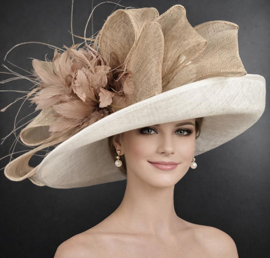 Wide Brim Kentucky Derby Hat, Ascot Hat for Wedding & Tea Party, Garden Party Hat, Mother of the Bride, Church White Taupe