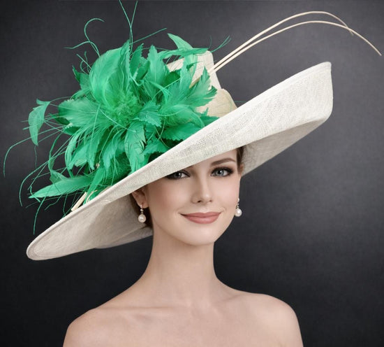 Wide Brim Kentucky Derby Hat, Ascot Hat for Wedding & Tea Party, Garden Party Hat, Mother of the Bride, Church Off White/Ivory  Kelly Green