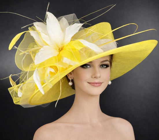 Yellow  White Wide Brim Kentucky Derby Hat, Ascot Hat for Wedding & Tea Party, Garden Party Hat, Mother of the Bride, Church
