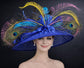 Wide Brim Kentucky Derby Hat, Ascot Hat for Wedding & Tea Party, Garden Party Hat, Mother of the Bride, Church Royal Blue Teal Blue Pink
