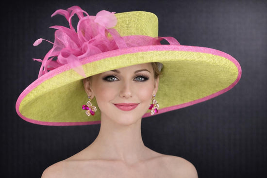 Lime Green Hot Pink Wide Brim Sinamay Hat, Kentucky Derby Hat, Wedding Tea Party Garden Party Hat, Church, Mother of The Bride, Ascot Royal