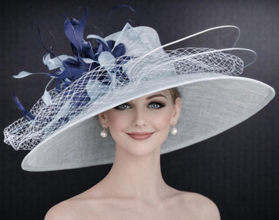 Powder Blue, Navy Feather Flower Wide Brim Kentucky Derby Hat, Ascot Hat for Wedding Tea Party, Garden Party Hat, Mother of the Bride,Church