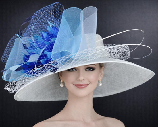 Powder Blue Teal Royal Blue Wide Brim Kentucky Derby Hat, Ascot Hat for Wedding & Tea Party, Garden Party Hat, Mother of the Bride, Church