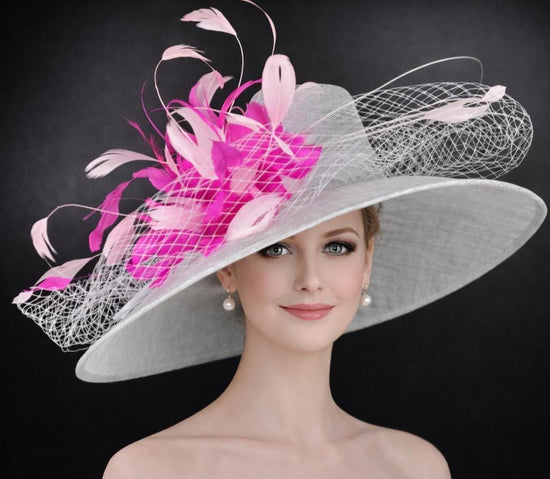 Powder Blue  Fuchsia Feather Wide Brim Kentucky Derby Hat, Ascot Hat for Wedding & Tea Party, Garden Party Hat, Mother of the Bride Church