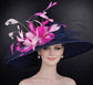 Navy Blue Fuchsia Pink Feather  Wide Brim Kentucky Derby Hat, Ascot Hat for Wedding Tea Party, Garden Party Hat, Mother of the Bride, Church