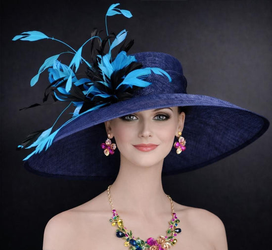 Navy Blue Teal Feather Flower Wide Brim Kentucky Derby Hat, Ascot Hat for Wedding & Tea Party, Garden Party Hat, Mother of the Bride, Church