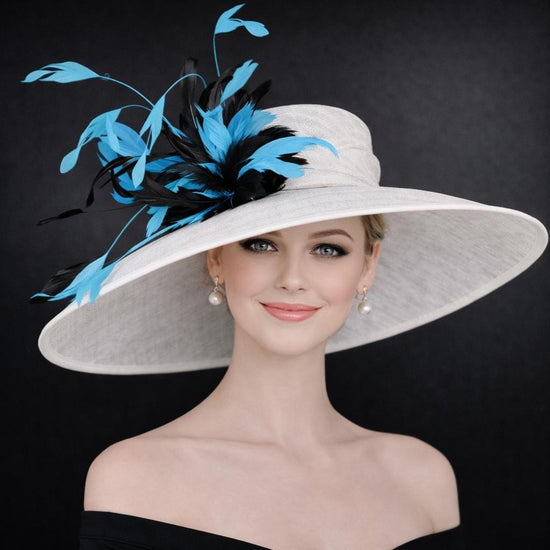 white Teal Blue Black Wide Brim Kentucky Derby Hat, Ascot Hat for Wedding & Tea Party, Garden Party Hat, Mother of the Bride, Church