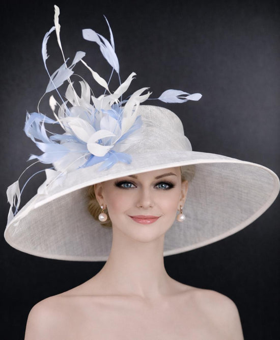 White Light Blue Feather Wide Brim Kentucky Derby Hat, Ascot Hat for Wedding & Tea Party, Garden Party Hat, Mother of the Bride, Church