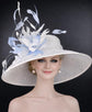 White Light Blue Feather Wide Brim Kentucky Derby Hat, Ascot Hat for Wedding & Tea Party, Garden Party Hat, Mother of the Bride, Church