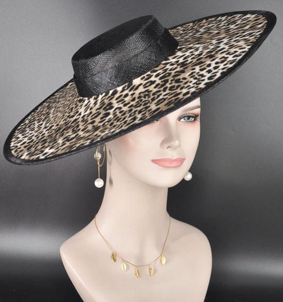 Black Leopard Wide Brim Sinamay Fascinator Hat Ascot Royal Hat for Wedding Race Day Kentucky Derby Party Mother of the Bride