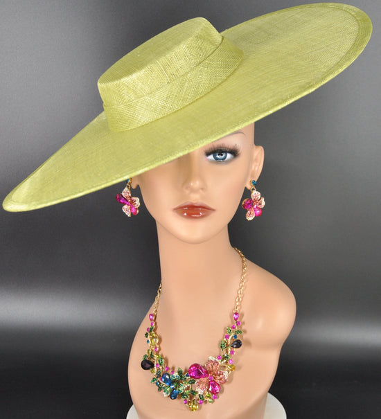Lime Green Wide Brim Sinamay Fascinator Hat  Ascot Royal Hat for Wedding Race Day Kentucky Derby Party Mother of the Bride