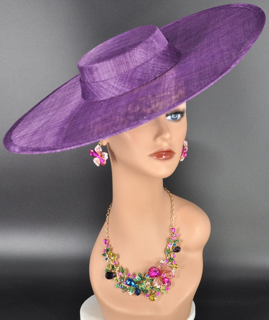Purple Wide Brim Sinamay Fascinator Hat  Ascot Royal Hat for Wedding Race Day Kentucky Derby Party Mother of the Bride