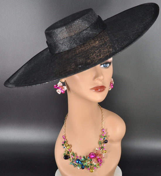 Black Wide Brim Sinamay Fascinator Hat  Ascot Royal Hat for Wedding Race Day Kentucky Derby Party Mother of the Bride