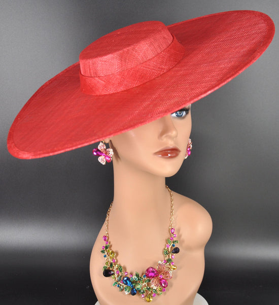 Red Wide Brim Sinamay Fascinator Hat  Ascot Royal Hat for Wedding Race Day Kentucky Derby Party Mother of the Bride
