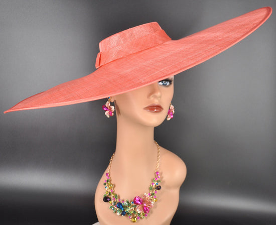 Coral Pink Wide Brim Sinamay Fascinator Hat  Ascot Royal Hat for Wedding Race Day Kentucky Derby Party Mother of the Bride Studio Photoshoot
