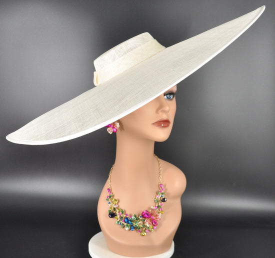 Ivovy/Off white Wide Brim Sinamay Fascinator Hat Ascot Royal Hat Wedding Race Day Kentucky Derby Party Mother of the Bride Studio Photoshoot