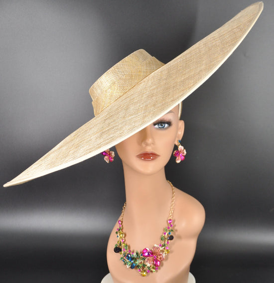 Gold Wide Brim Sinamay Fascinator Hat  Ascot Royal Hat for Wedding Race Day Kentucky Derby Party Mother of the Bride Studio Photoshoot