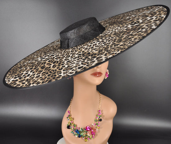 Wide Brim Kentucky Derby Fascinator Hat, Ascot Hat for Wedding & Tea Party, Garden Party Hat, Mother of the Bride, Church Black w Leopard