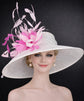 White   Pink Feather Flower Wide Brim Kentucky Derby Hat, Ascot Hat for Wedding & Tea Party, Garden Party Hat, Mother of the Bride, Church