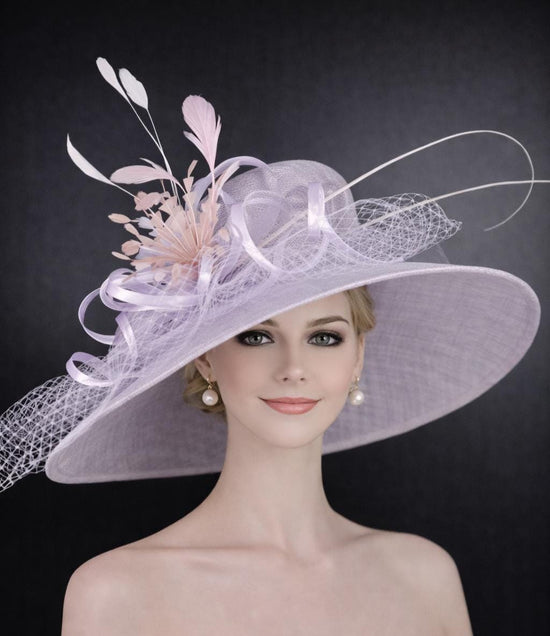 Lilac Feather Flower Wide Brim Sinamay Hat for Kentucky Derby, Ascot Racing Hat, Elegant Wedding Guest Hat, Mother of the Bride Hat