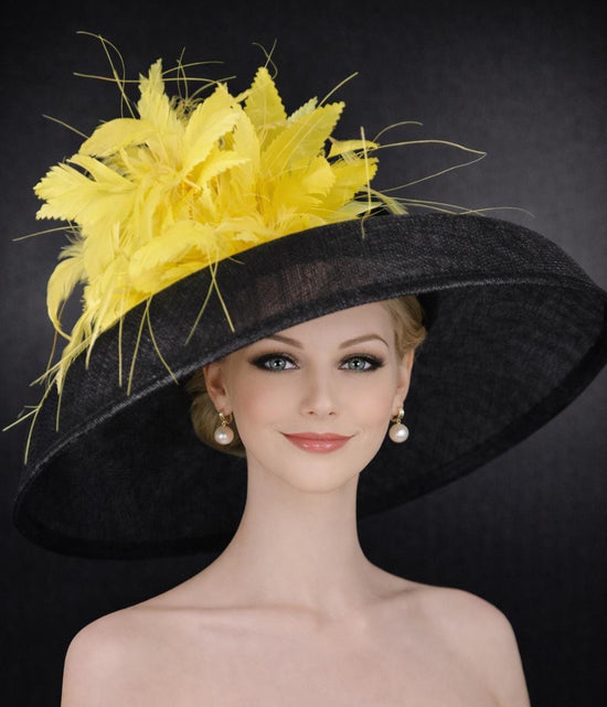 Black Yellow Feather Wide Brim Sinamay Hat for Kentucky Derby, Ascot Racing Hat, Elegant Wedding Guest Hat, Mother of the Bride Hat