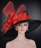 Black  Red Feather Crin Ribbon Style Wide Brim Sinamay Hat for Kentucky Derby, Ascot Racing Hat, Wedding Guest Hat, Mother of the Bride Hat