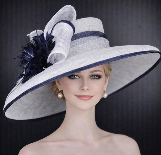 White Navy Blue FeatherWide Brim Kentucky Derby Hat, Ascot Hat for Wedding & Tea Party, Garden Party Hat, Mother of the Bride, Church