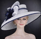 White Navy Blue FeatherWide Brim Kentucky Derby Hat, Ascot Hat for Wedding & Tea Party, Garden Party Hat, Mother of the Bride, Church