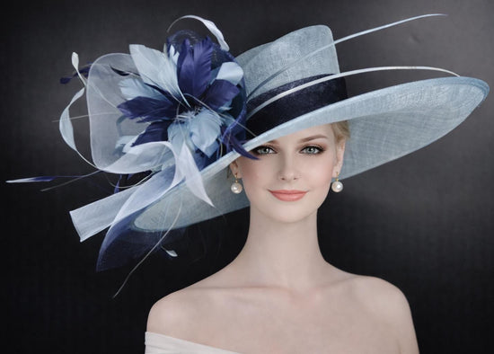 Powder Blue Navy Blue Wide Brim Kentucky Derby Hat, Ascot Hat for Wedding & Tea Party, Garden Party Hat, Mother of the Bride, Church