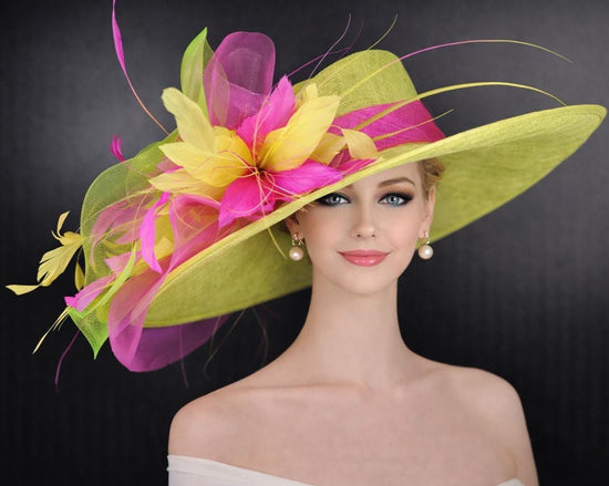 Lime Green Fuchsia Pink Wide Brim Kentucky Derby Hat, Ascot Hat for Wedding & Tea Party, Garden Party Hat, Mother of the Bride, Church